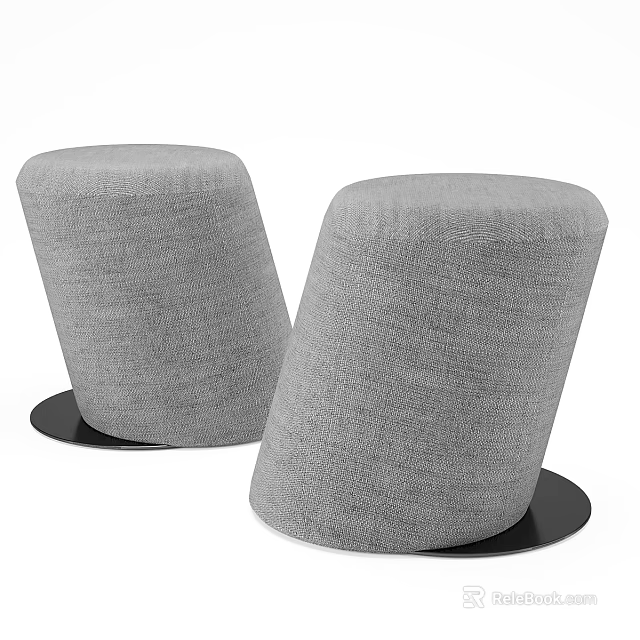 Two Gray Upholstered Cylindrical Stools With Black Circular Base Design 3d model