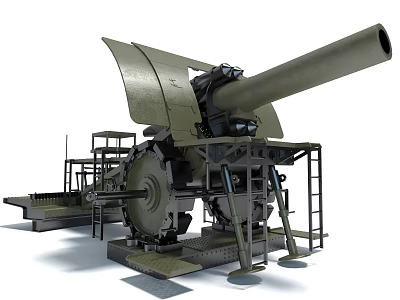 Large Green Military Cannon With Metal Support Structure And Long Barrel Platform 3d model