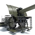 Large Green Military Cannon With Metal Support Structure And Long Barrel Platform