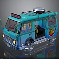 Colorful Blue Food Truck Interior Design With Cartoon Decorations And Open Door