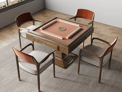 Wooden Entertainment Table With Square Tabletop Mahjong Tiles And Four Brown Gray Chairs 3d model