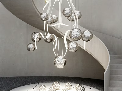 Silver Spherical Chandelier Hanging Beside Spiral Staircase With Gray Wall and Scattered Spherical Ornaments 3d model