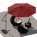 Outdoor Landscape Seats Brown Woven Rattan with Curved Red Parasol Small Side Table White Flowers