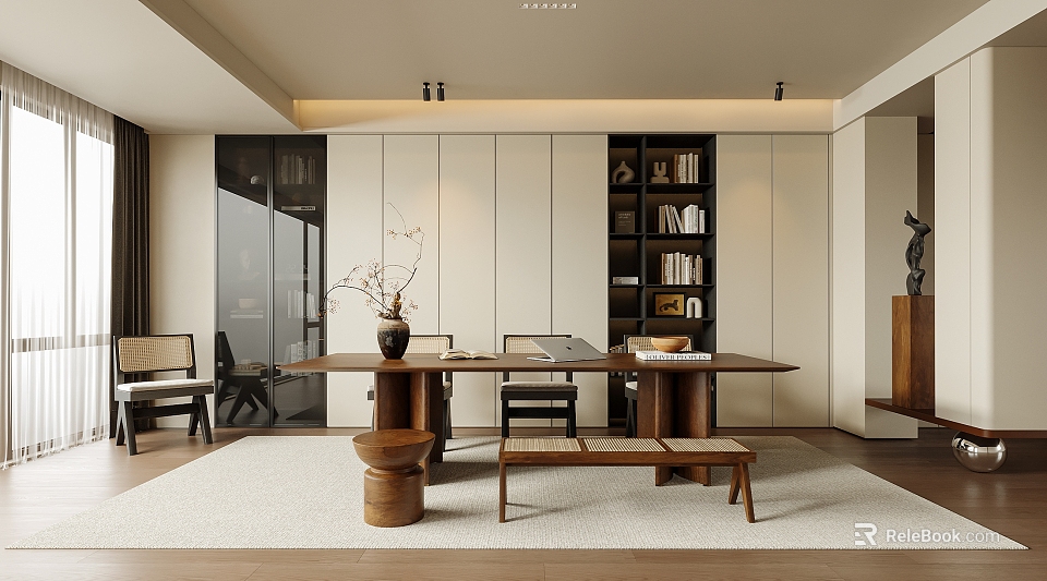 Modern Study Room Interior Design With Wooden Long Table Bookshelves And Branch Vase 3d model 