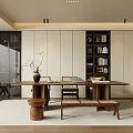 Modern Study Room Interior Design With Wooden Long Table Bookshelves And Branch Vase