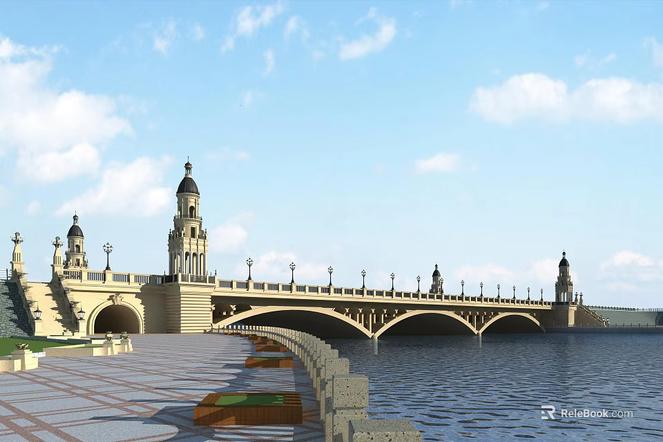 Classic Stone Bridge With Ornate Towers Over Water And Stone Pavement Under Blue Sky 3d model 