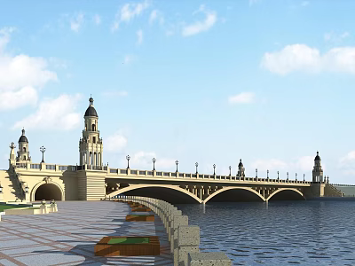 Classic Stone Bridge With Ornate Towers Over Water And Stone Pavement Under Blue Sky 3d model