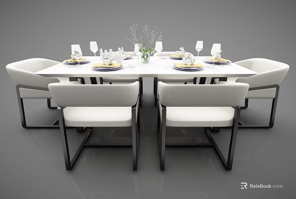 Modern Dining Table Set With White Upholstered Chairs Black Legs And Decorative Tableware 3d model