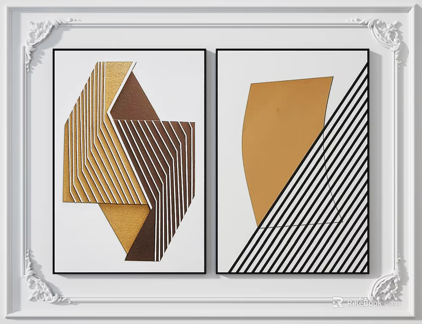 Elegant Modern Geometric Pattern Wall Art With Gold And Black Design 3d model