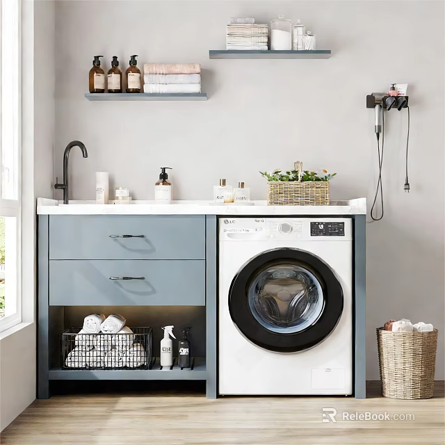 Functional Balcony Cabinet with Washer Storage Organized Toiletries Towels and Plant 3d model 