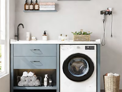 Functional Balcony Cabinet with Washer Storage Organized Toiletries Towels and Plant 3d model