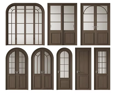 Various Styles Of Wooden Hinged Doors With Glass Panels And Arched Tops 3d model