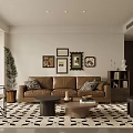 Modern Living Room Interior With Brown Sofa Framed Wall Pictures Patterned Rug And Indoor Plant