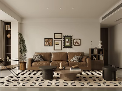 Modern Living Room Interior With Brown Sofa Framed Wall Pictures Patterned Rug And Indoor Plant 3d model