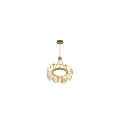 Elegant Brass Chandelier with Circular Alabaster Shades Suspended by Chain and Warm Illumination