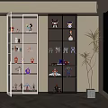 Modern White and Dark Display Cabinets with Collectible Figures and Shelves