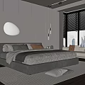 Modern Bedroom Interior with Large Bed Accent Wall Floor-to-Ceiling Windows and Blinds