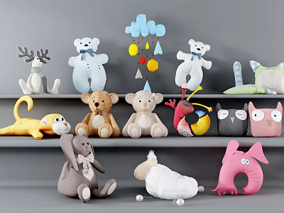 Plush Toys With Cute Animal Shapes And Colorful Designs Display On Shelves 3d model