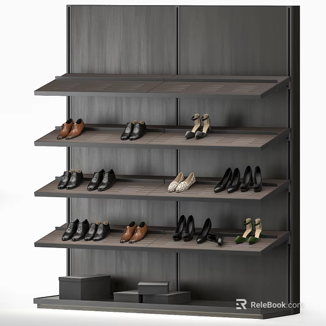 Organized Shoes on Modern Wooden Shelves with Different Styles and Colors 3d model 