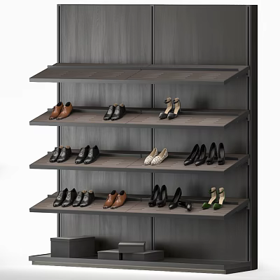 Organized Shoes on Modern Wooden Shelves with Different Styles and Colors 3d model