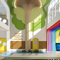 Modern Kindergarten Interior With Rainbow Arch Tree Decorations Green Walls And Open Space Reception Desk