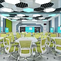 School Modern Classroom With Green Chairs White Tables Wall Screens And Ceiling Lights