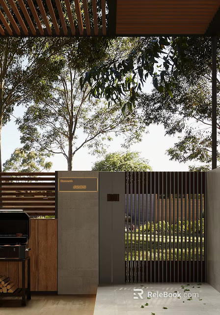Modern Entrance Gate With Wooden Slat Design And Trees in Background 3d model 