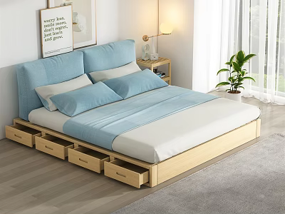 Double Bed with Wooden Frame and Storage Drawers Blue and Beige Bedding in Modern Bedroom 3d model