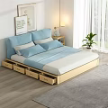 Double Bed with Wooden Frame and Storage Drawers Blue and Beige Bedding in Modern Bedroom