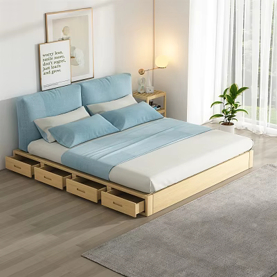 Double Bed with Wooden Frame and Storage Drawers Blue and Beige Bedding in Modern Bedroom 3d model