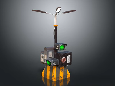 Traffic Signal Pole Structure With Green Lights Top Lamp And Warning Striped Base 3d model