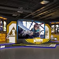 Gaming Character Display Area With Large Screen Figurine Cases Industrial Ceiling Pipes And Kamon Logo