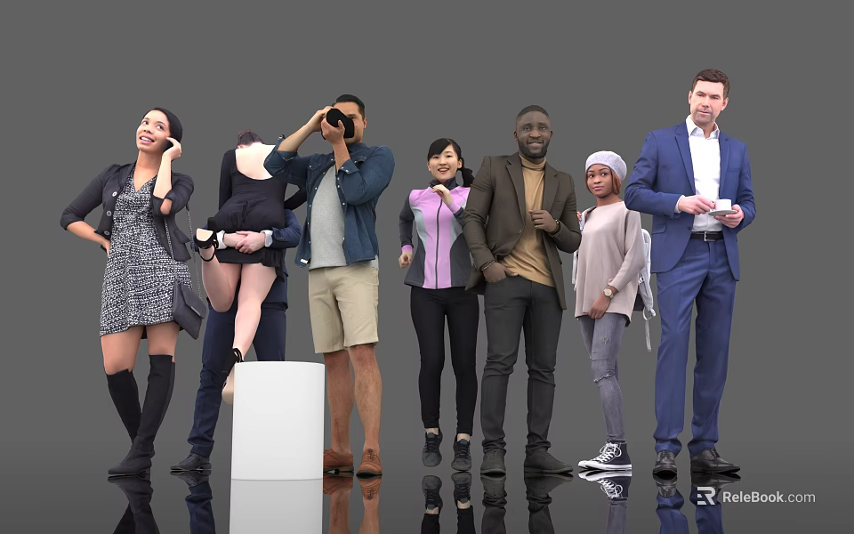 Group of People in Various Outfits Doing Different Activities on Gray Background with Shiny Floor 3d model 
