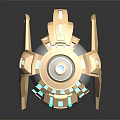 3D Rendered Futuristic Golden Device With Blue Glowing Elements And Reflective Base