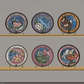 Colorful Decorative Plates With Cartoon Designs On Wooden Wall Shelves