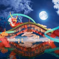 Dragon Shaped Bridge Decoration Under Moonlight With Water Reflection And Trees 3d model