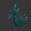 Playful Cartoon Scene With Turquoise And Green Tree Like Creatures On Black Reflective Surface