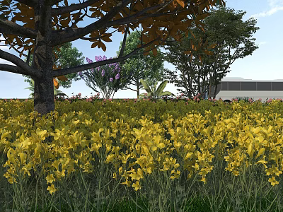 Picturesque Natural Scenery With Yellow Flower Field Green Grass Trees And Clear Blue Sky 3d model