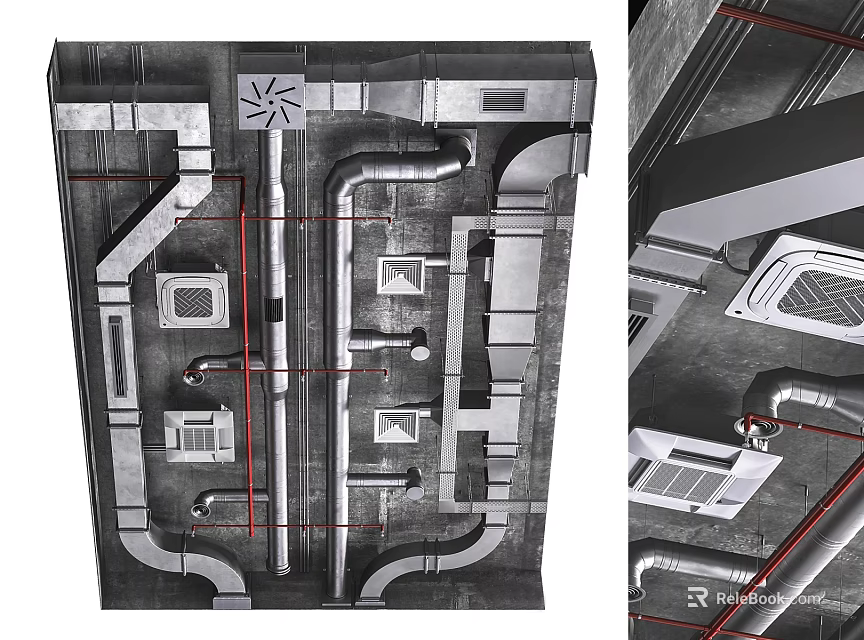 Complex Industrial Metal Pipes Installation On Ceiling With Ductwork And Vents 3d model 