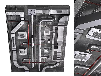 Complex Industrial Metal Pipes Installation On Ceiling With Ductwork And Vents 3d model