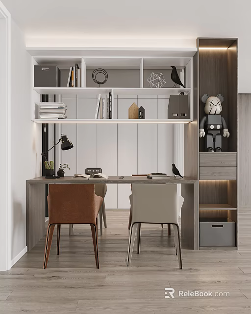 Modern Study Room Interior With Wooden Desk Two Chairs Bookshelf Table Lamp And Decorative Figurines 3d model 