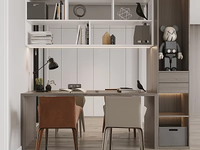 Modern Study Room Interior With Wooden Desk Two Chairs Bookshelf Table Lamp And Decorative Figurines 3d model
