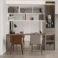 Modern Study Room Interior With Wooden Desk Two Chairs Bookshelf Table Lamp And Decorative Figurines