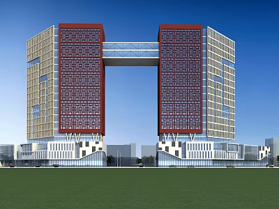 Twin Modern Office Buildings With Red Beige Facade And Connecting Glass Bridge 3d model