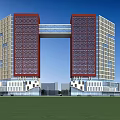 Twin Modern Office Buildings With Red Beige Facade And Connecting Glass Bridge