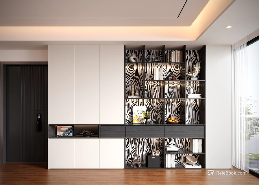 Modern Decorative Cabinet With White And Black Design Zebra Pattern Shelves For Books And Decor 3d model 
