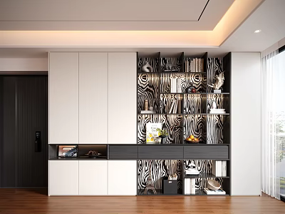 Modern Decorative Cabinet With White And Black Design Zebra Pattern Shelves For Books And Decor 3d model