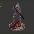 Military Character Statue In Black Red Armor With Long Weapon Barrel On Circular Base