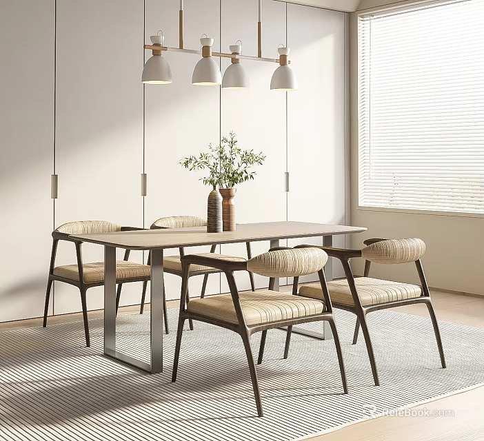 Modern Dining Table Set With Upholstered Chairs Pendant Lights And Vase Plant Near Window Blinds 3d model 