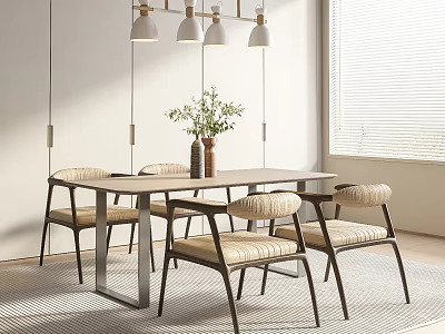 Modern Dining Table Set With Upholstered Chairs Pendant Lights And Vase Plant Near Window Blinds 3d model